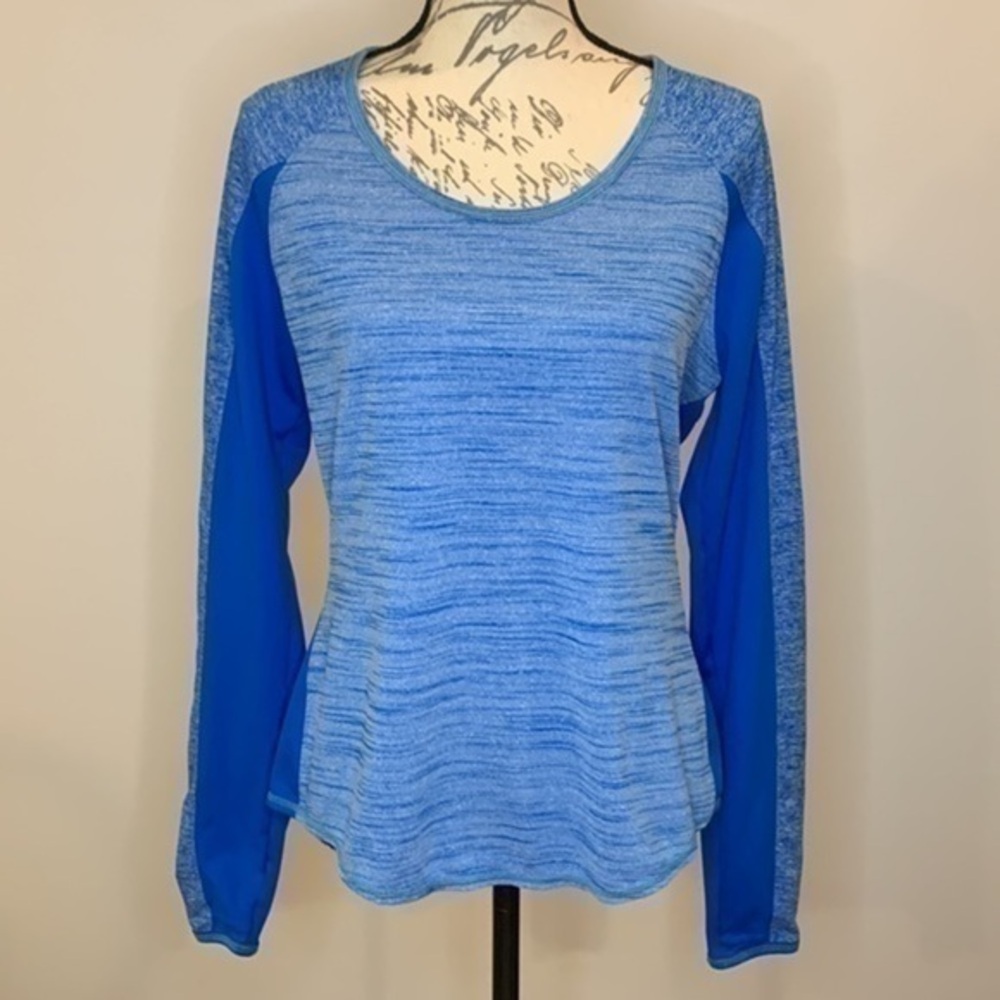 Athleta Running Wild Mix color block crew neck long sleeve blue heather top L